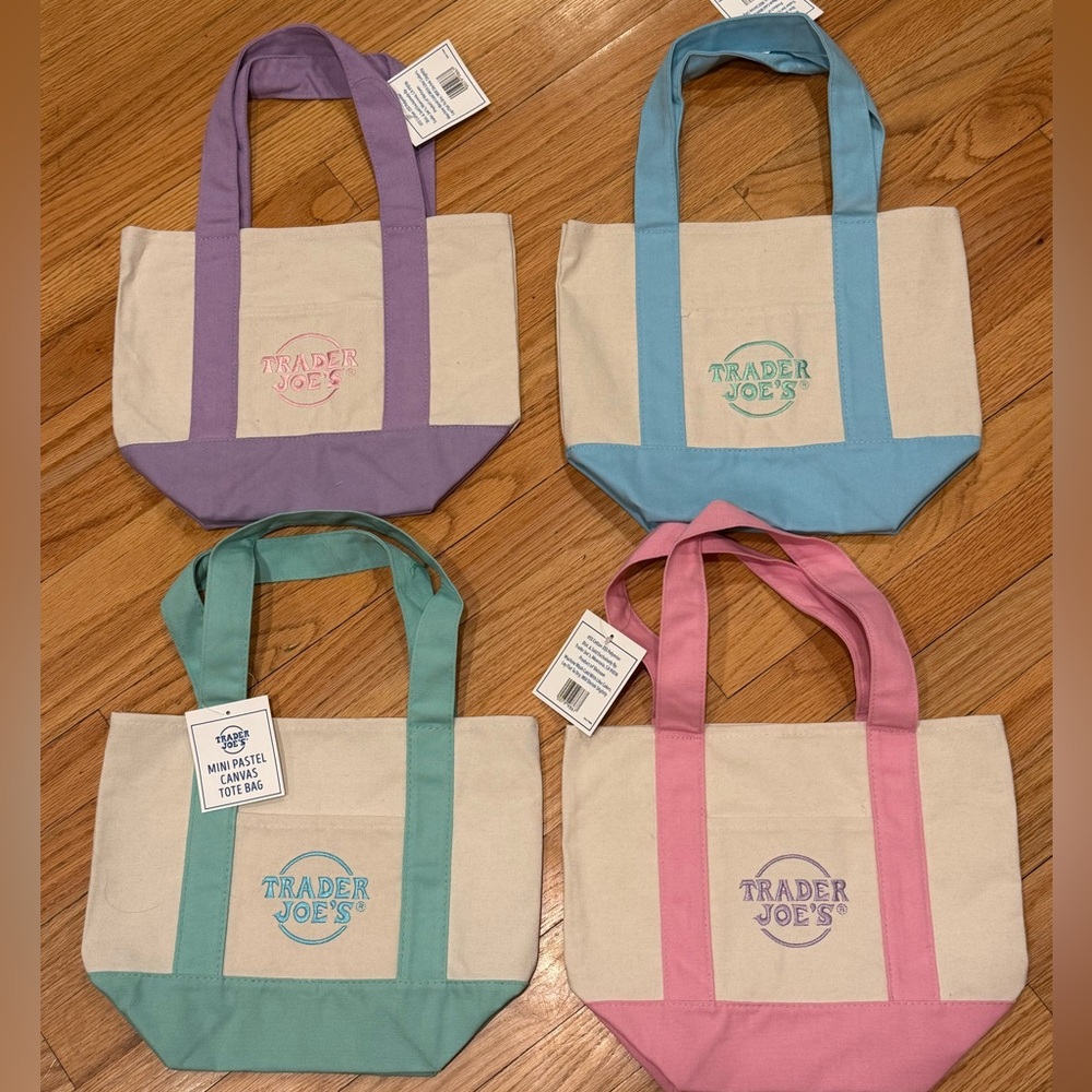 ALL 4 of Trader Joe’s Pastel Spring Tote Bags:  Blue, Pink, Purple, Green